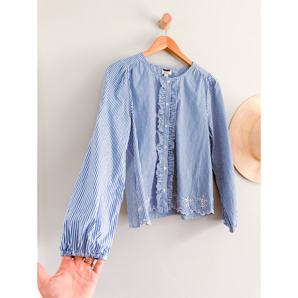 J Crew Factory | NWOT Embroidered Stripe Button Up Shirt Blue White | Sz S - Picture 2 of 9